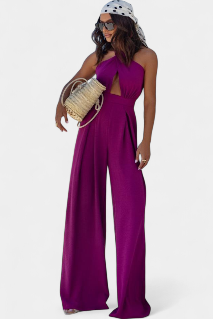 Halter Neck Cross Front Cut Out Backless Wide Leg Jumpsuit 15