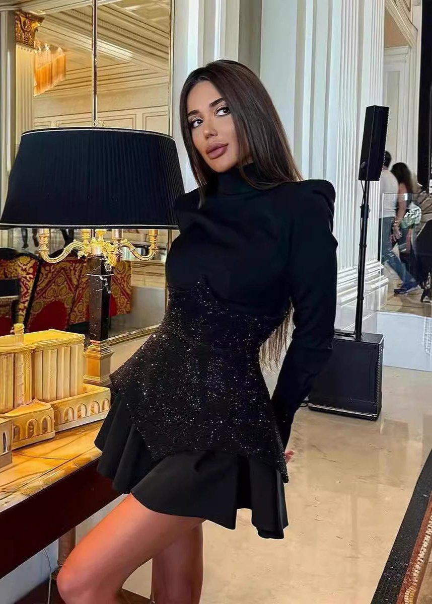 Faux Two Piece Sequin Corset Long Sleeve Tiered Mini Dress - View 3