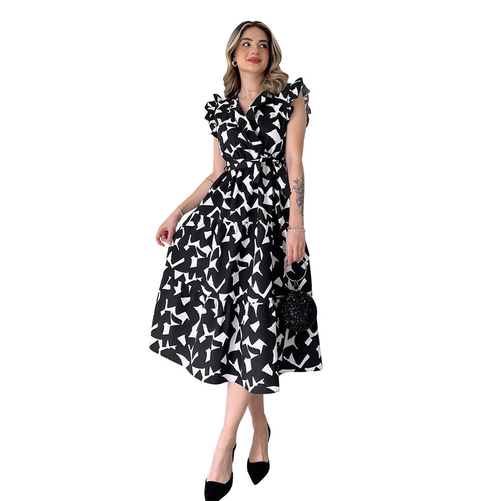 V neck Waist Trimming Lace up Black White Printed Midi Dress - View 4
