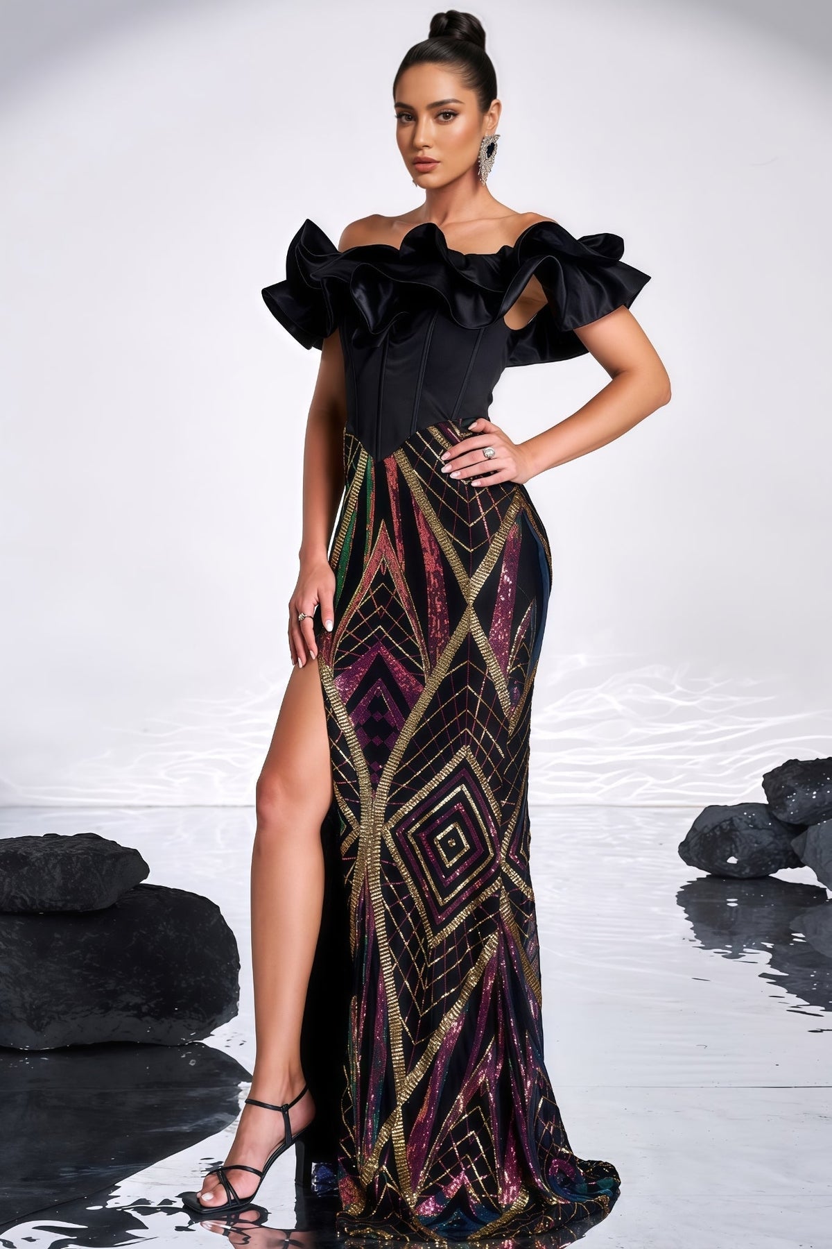 Sequin Off Shoulder Ruffle Corset Bodice High Split Mermaid Maxi Gown - View 3