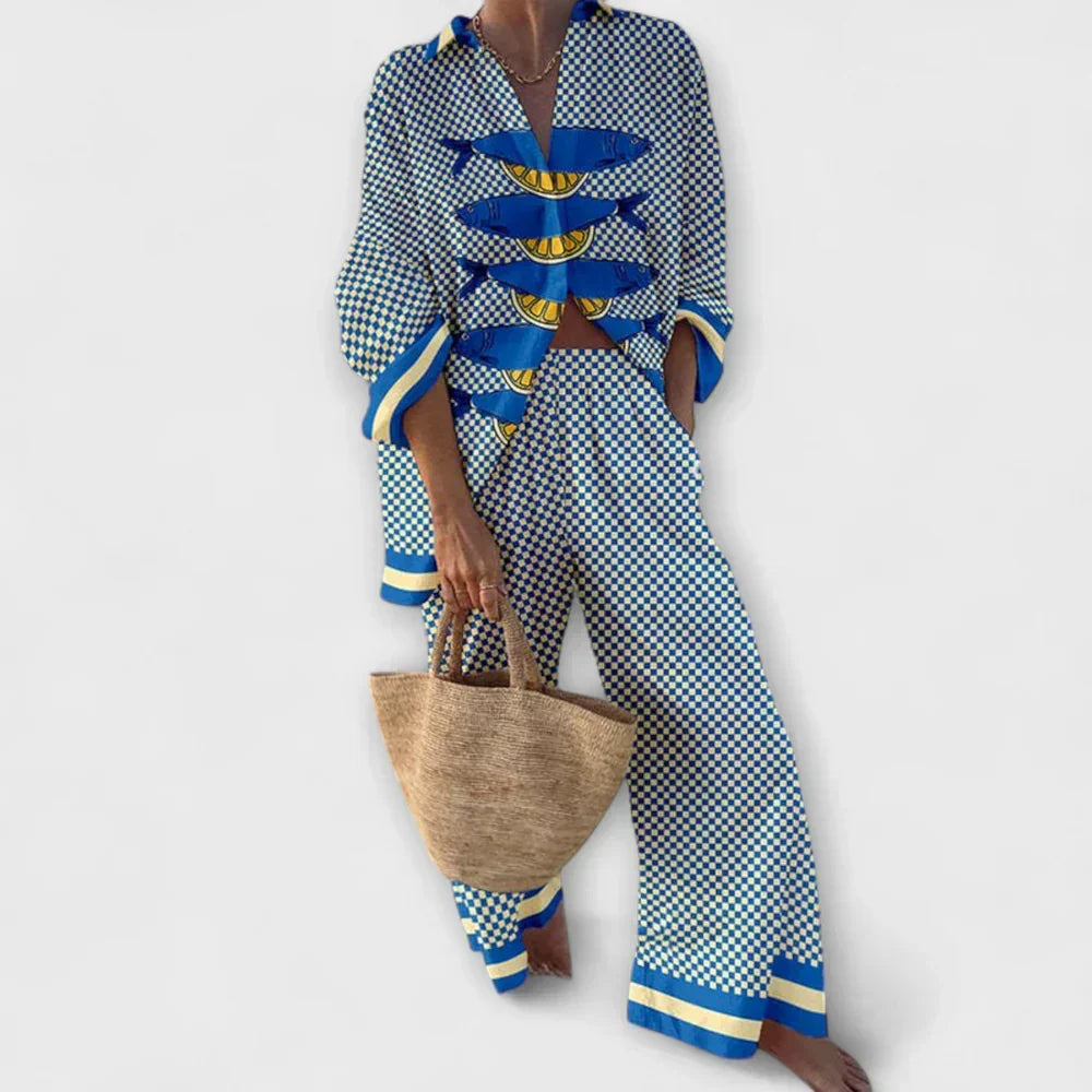 Checkered Fish Print Shirt and Wide Leg Pants Two Piece Set