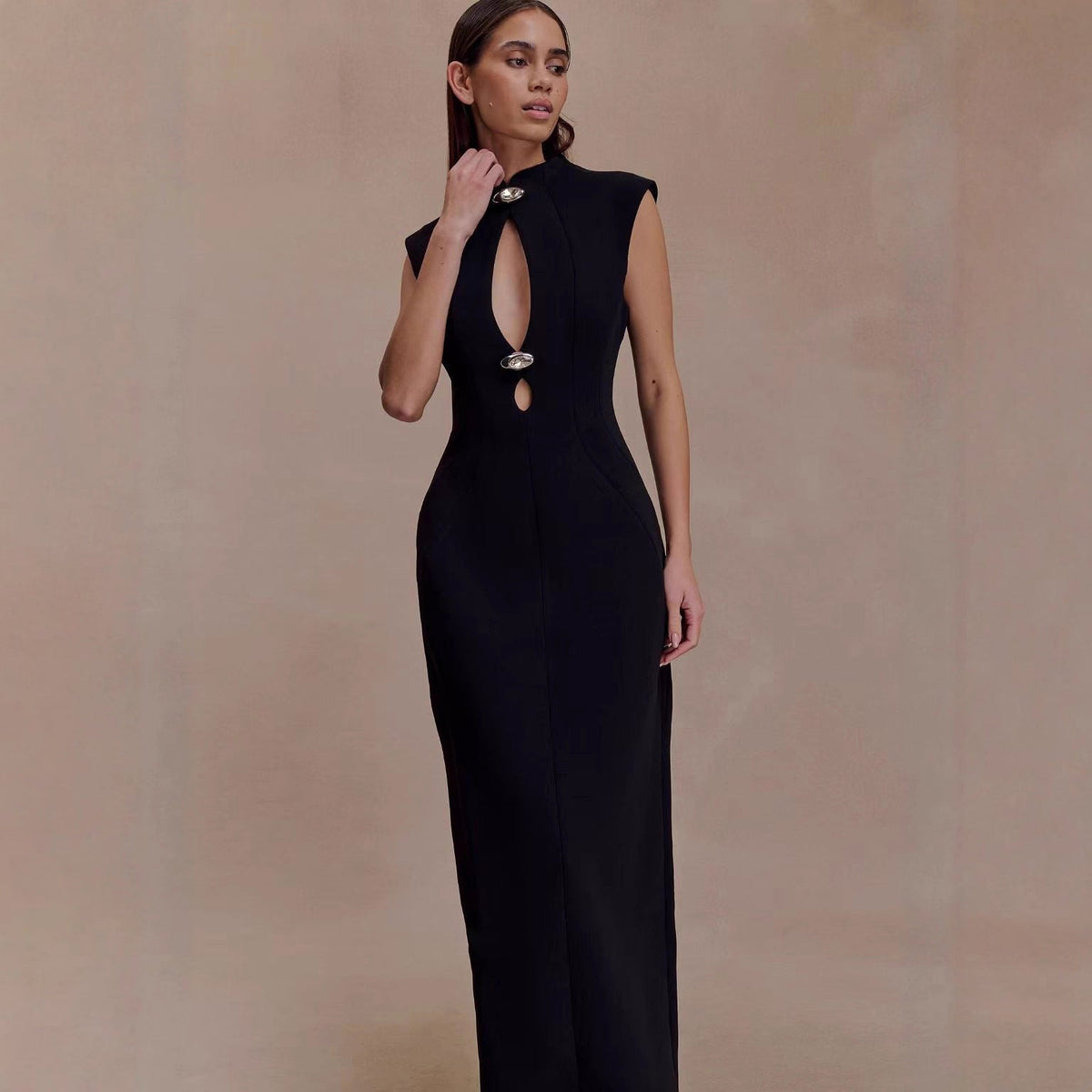 Sleeveless Mock Neck Double Cut Out Hardware Bodycon Maxi Gown - View 2