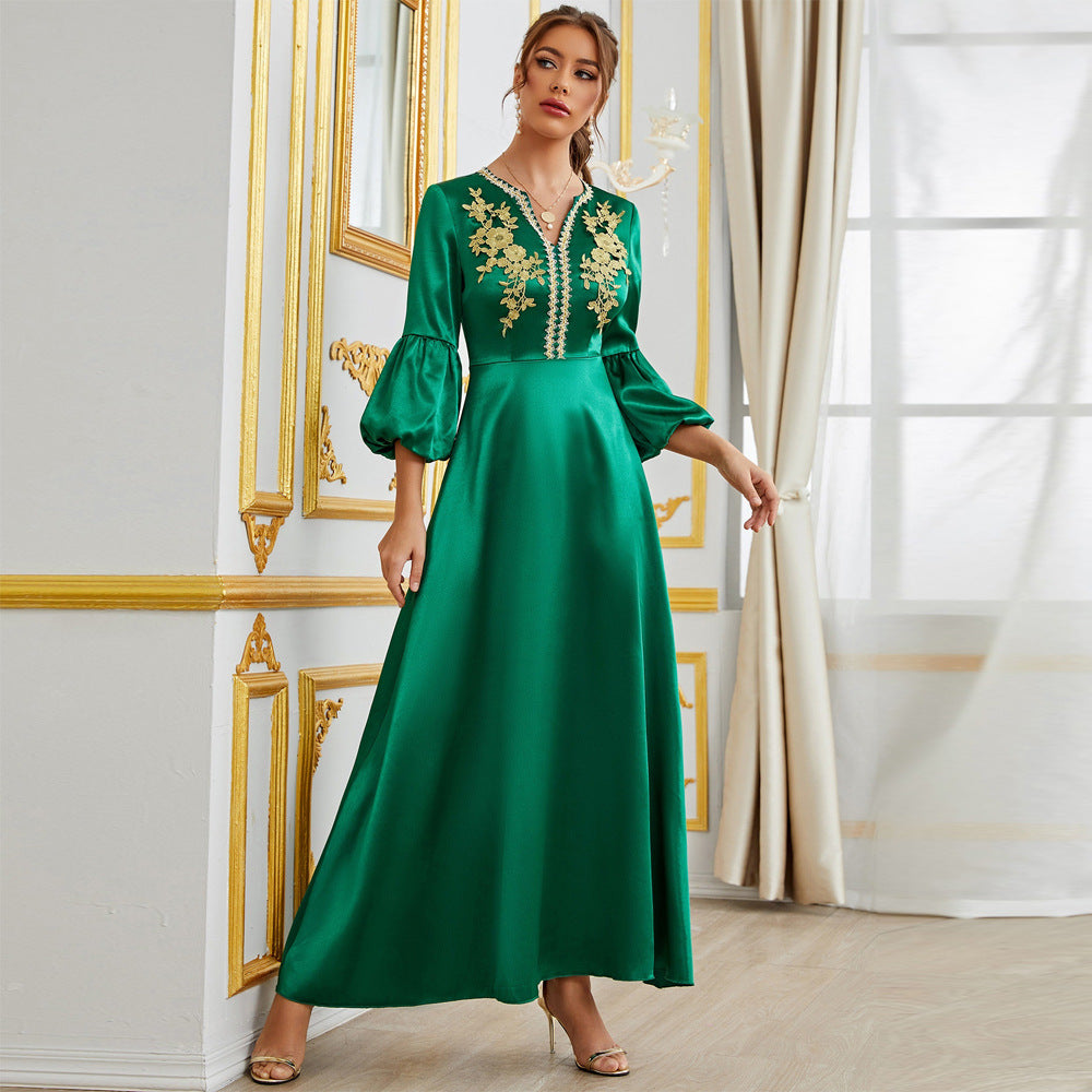Satin V-Neck Lace Embroidery Puff Sleeve Formal Maxi Gown - View 6