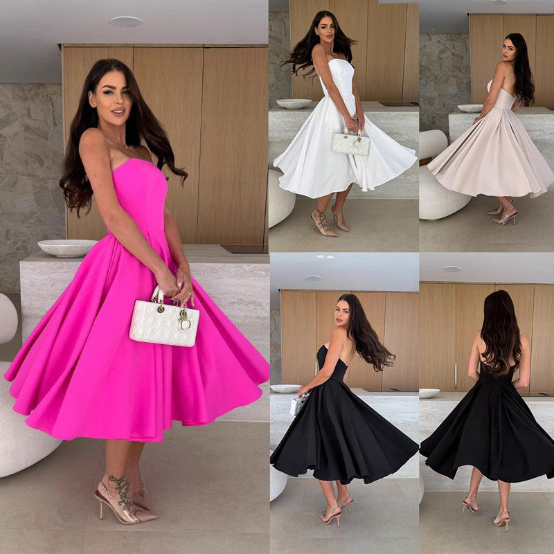 Strapless Fit and Flare Pleated Midi Cocktail Dress