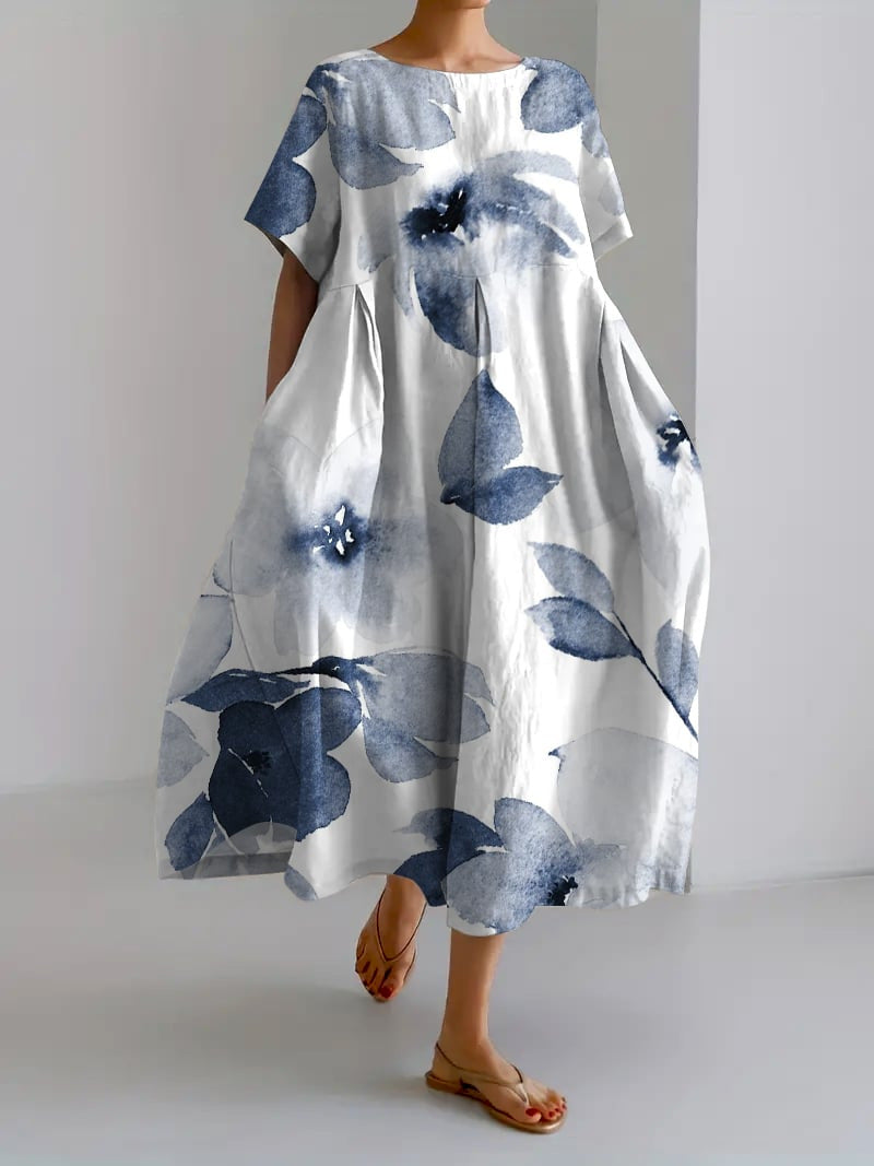 Floral Print Round Neck Drop Shoulder Short Sleeve Maxi Dress - View 7