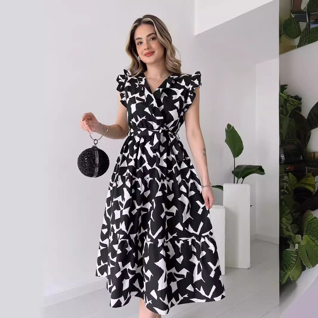 V neck Waist Trimming Lace up Black White Printed Midi Dress - View 3