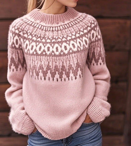 Fair Isle Crew Neck Long Sleeve Knit Sweater