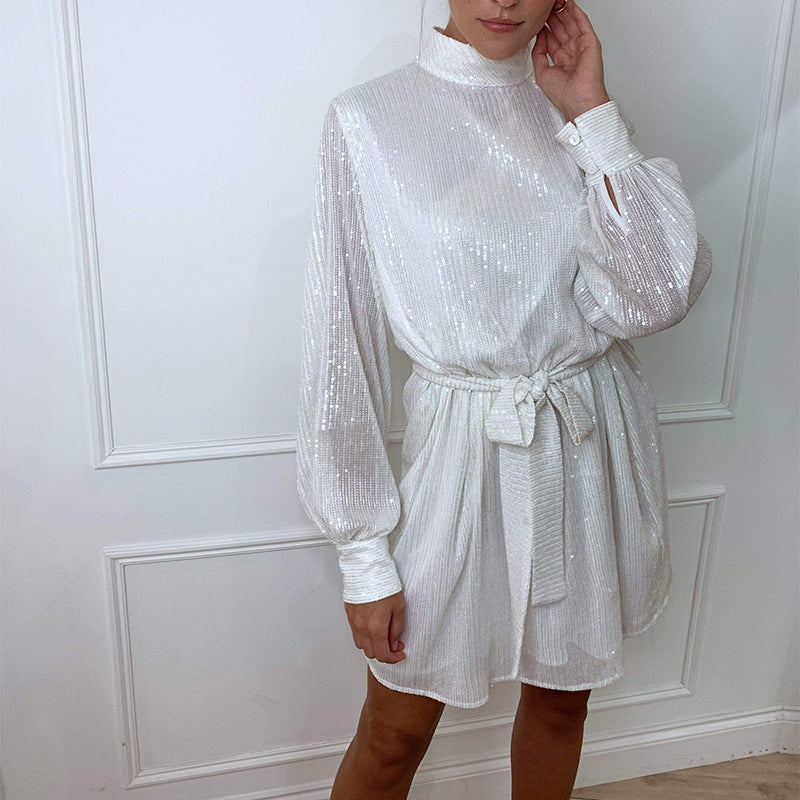 Sequin Mock Neck Long Sleeve Tie Waist Belted Bow Mini Dress - View 3