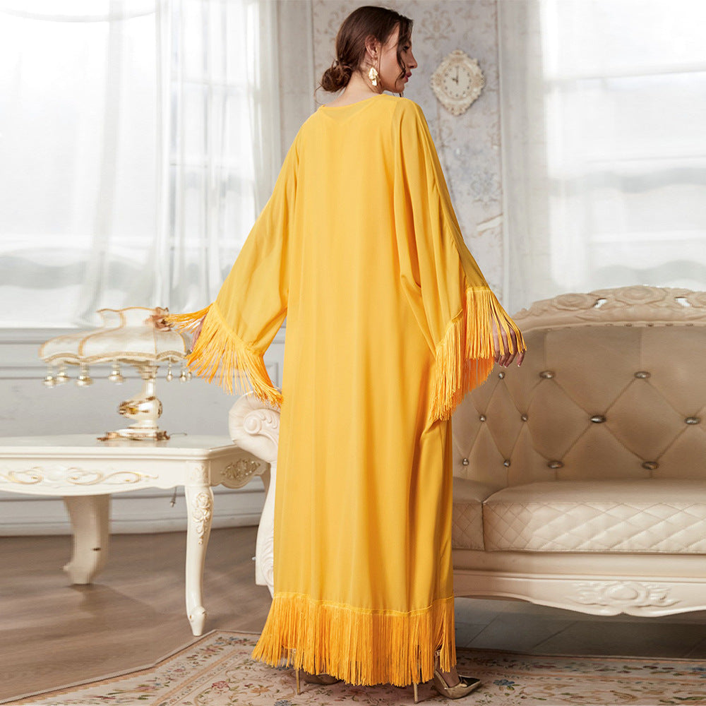 Fringe Trim Wide Sleeve Layered Kaftan Maxi Dress - View 3