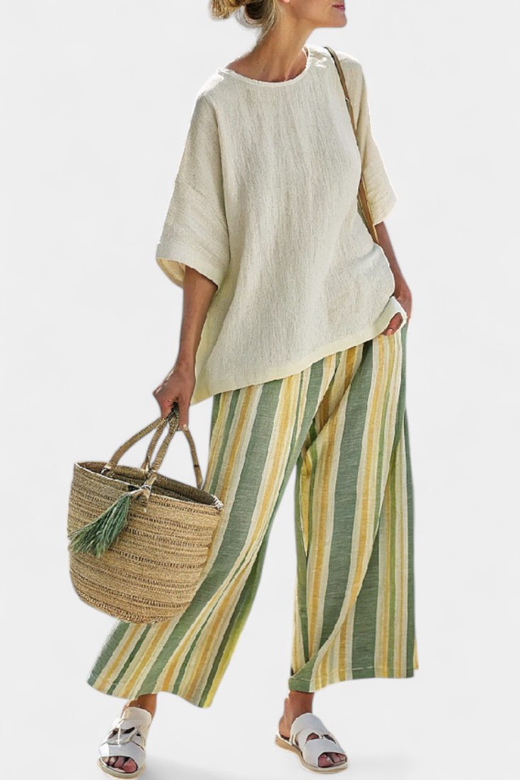 Round Neck Half Sleeve Top and Striped Wide Leg Pants Two Piece Set 2