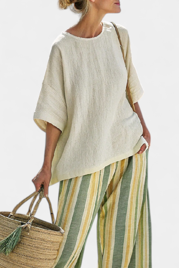 Round Neck Half Sleeve Top and Striped Wide Leg Pants Two Piece Set 3