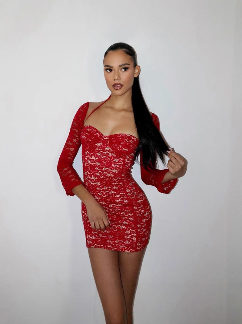 Lace Halter Neck Long Sleeve Bustier Bodycon Mini Dress in Red - View 6
