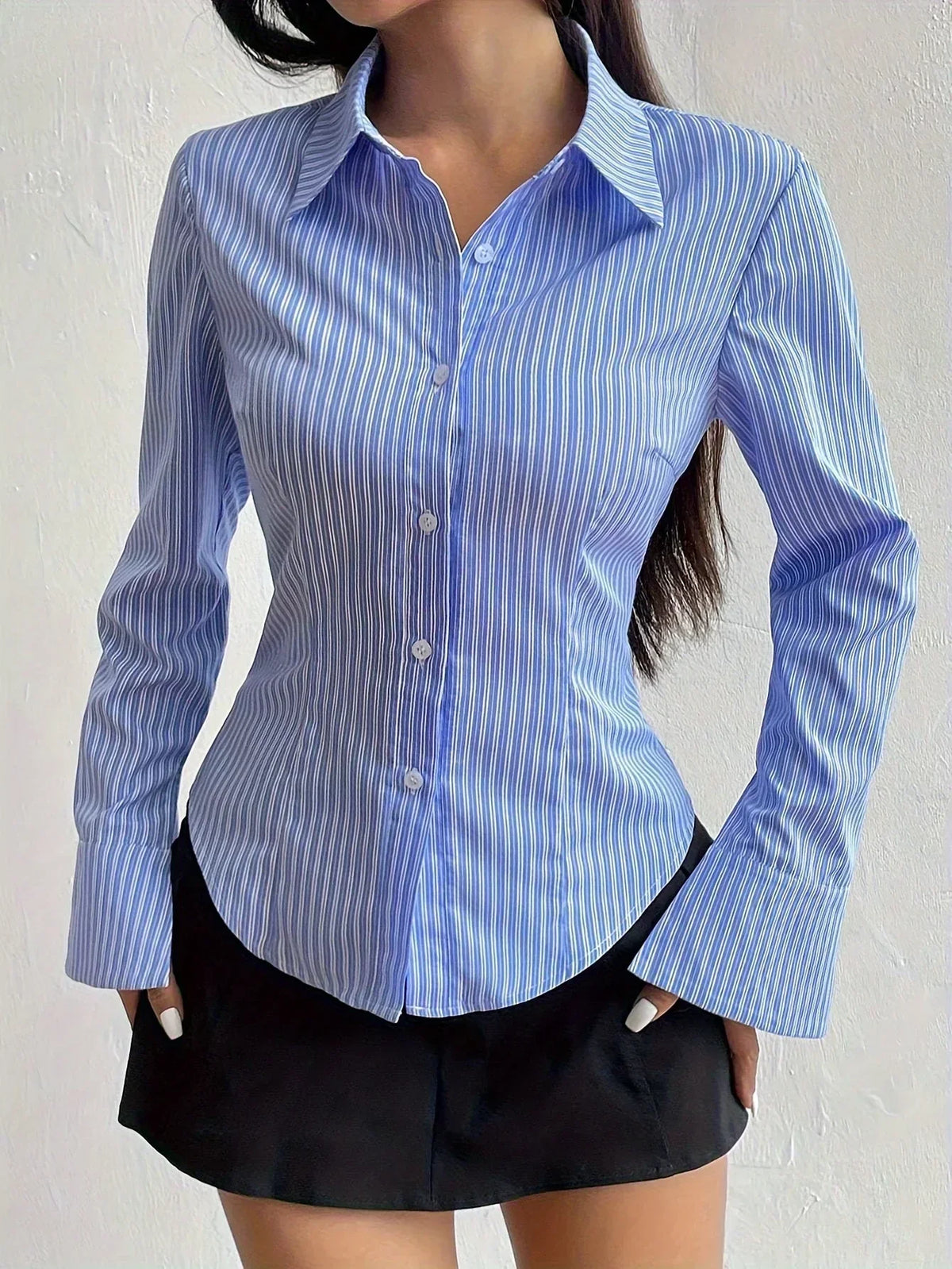 Striped Collared Long Sleeve Fitted Button Shirt 2