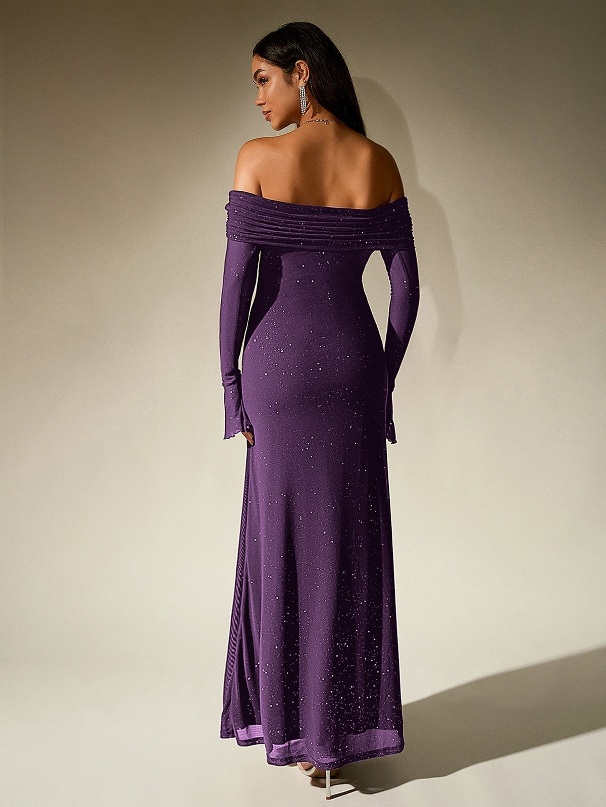 Off Shoulder Flounce Sleeve Mesh Sequin Dress 26