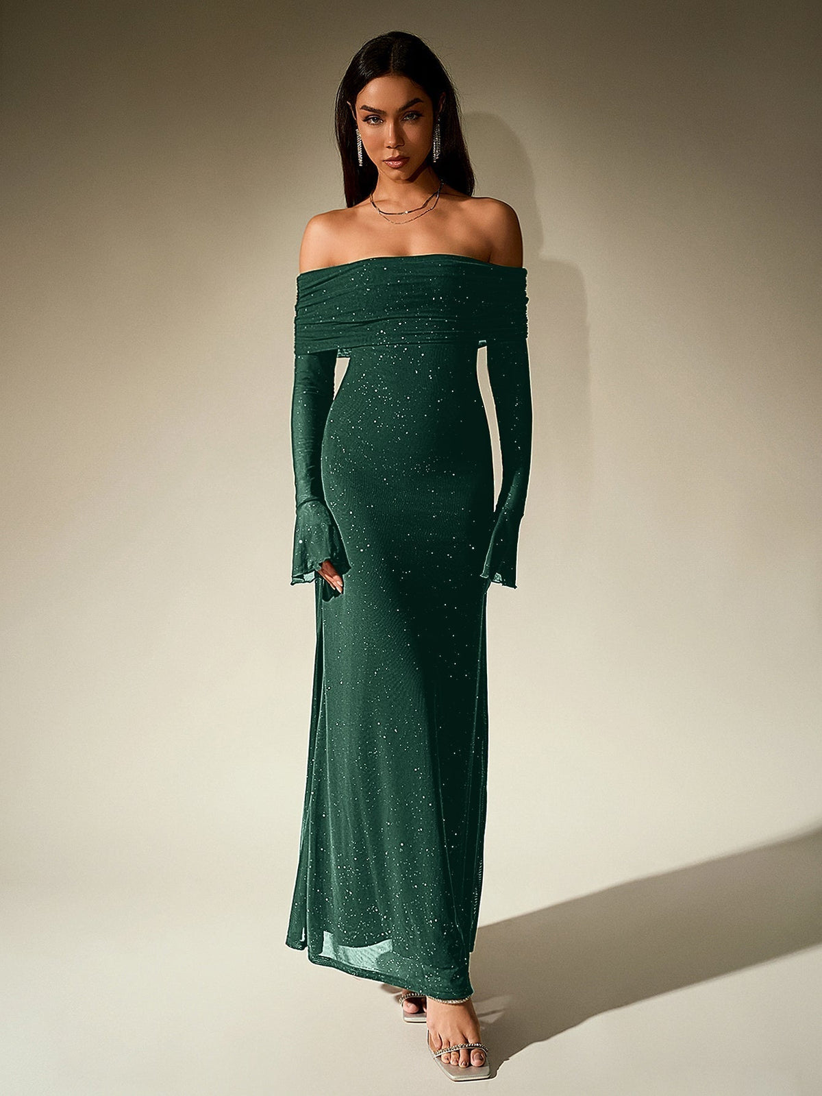 Off Shoulder Flounce Sleeve Mesh Sequin Dress - View 18