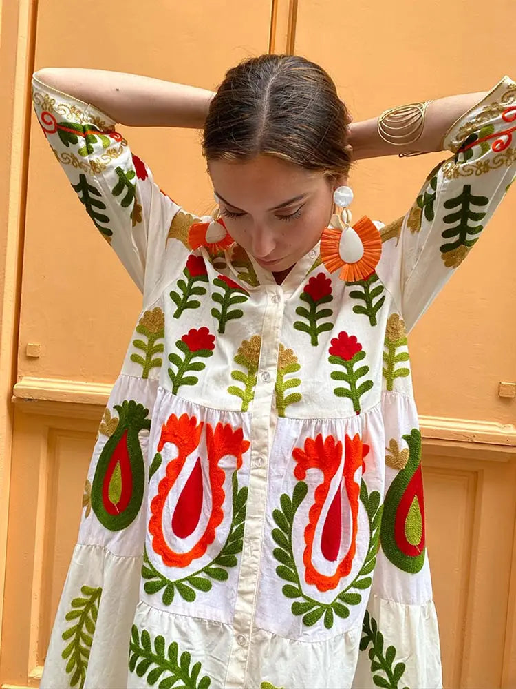 Embroidered Floral Long Sleeve Collared Button Front Tiered Maxi Dress - View 2