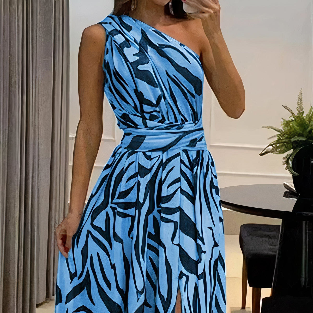 Zebra Print One Shoulder Wrap Sash Waist High Split A-Line Maxi Dress - View 4