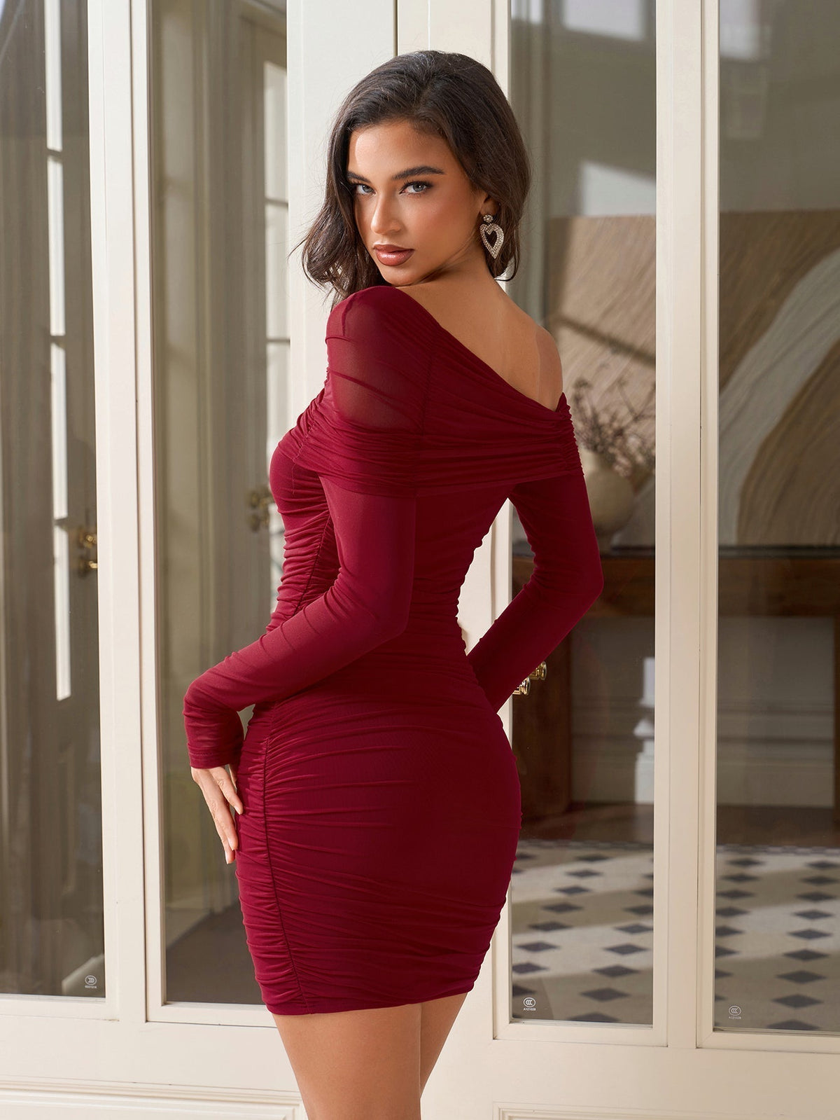 Mesh One Shoulder Long Sleeve Ruched Bodycon Mini Dress - View 3