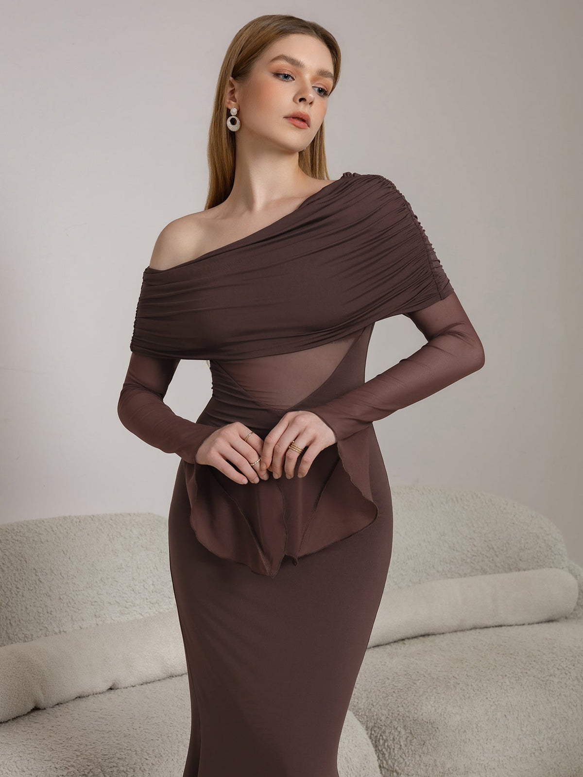 One Shoulder Spliced Ruched Trim Mermaid Mesh Dress - View 6