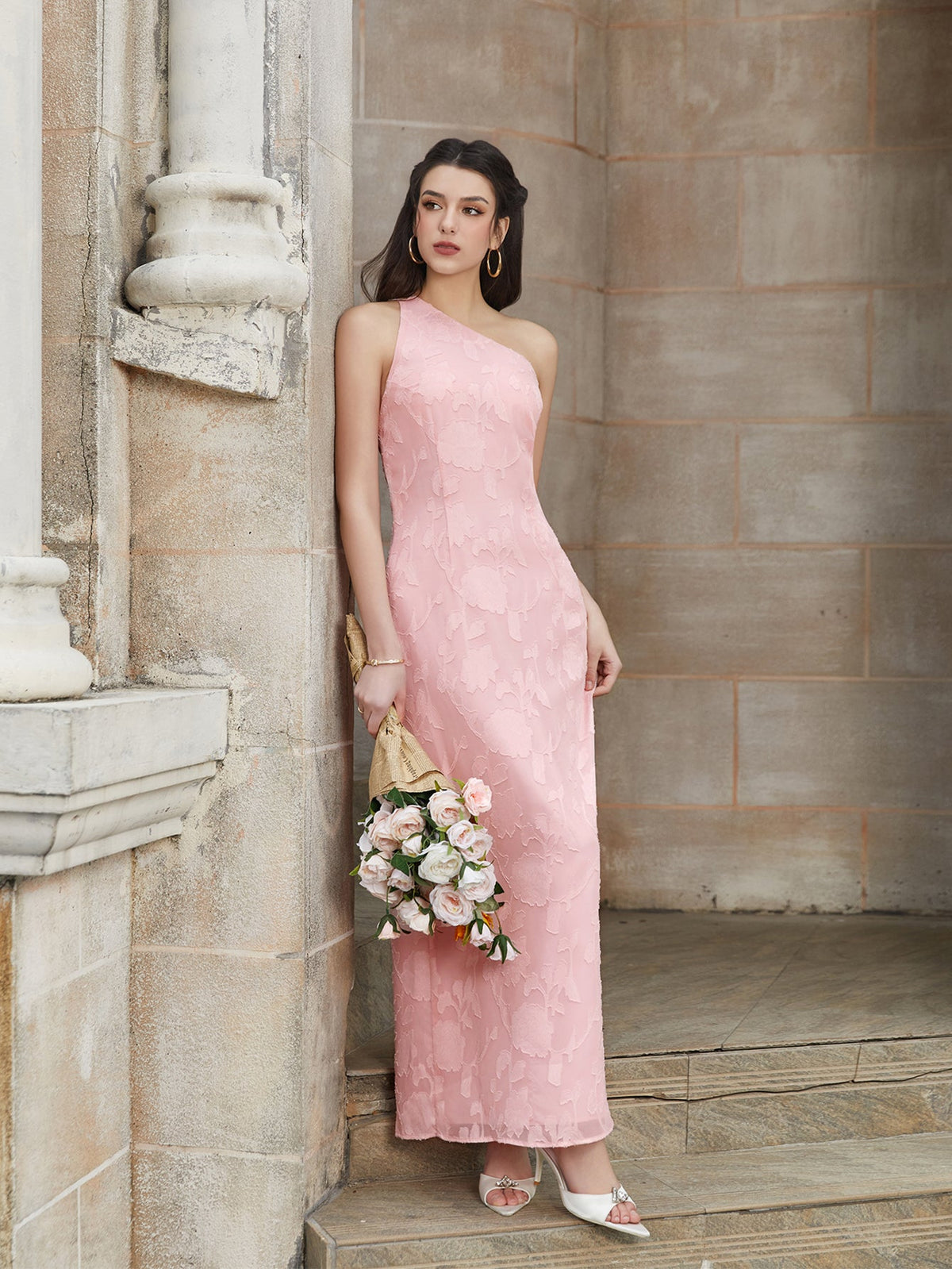 One Shoulder Tie Back Backless Jacquard Long Dress - View 3