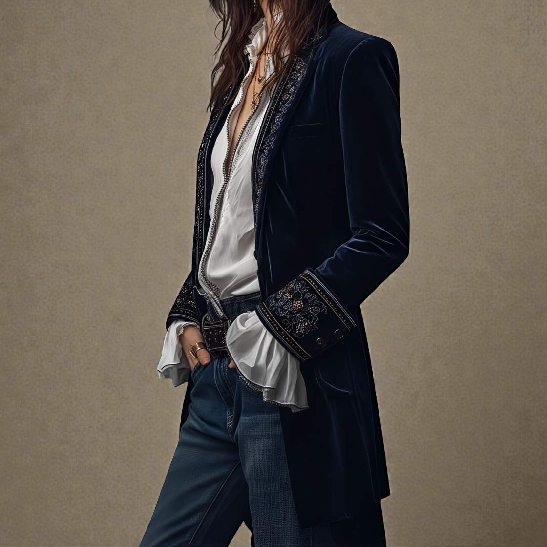 Floral Embroidered Velvet Longline Blazer 6