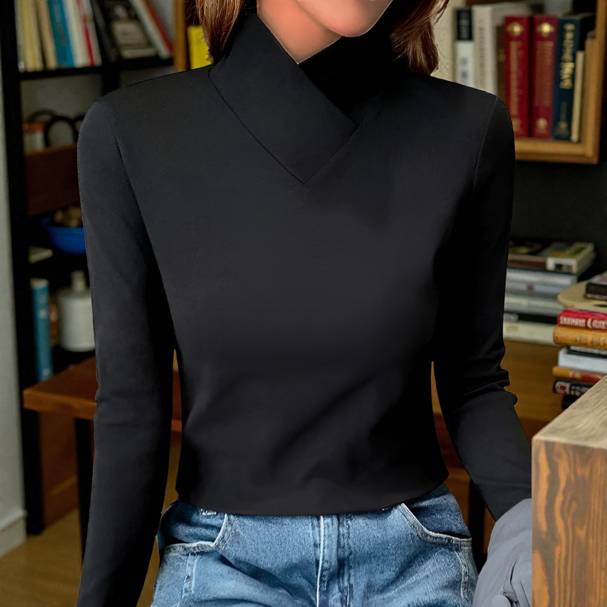 Asymmetric Turtleneck Long Sleeve Slim Top 4