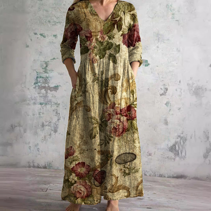 Vintage Rose Floral V-Neck Tiered Maxi Dress