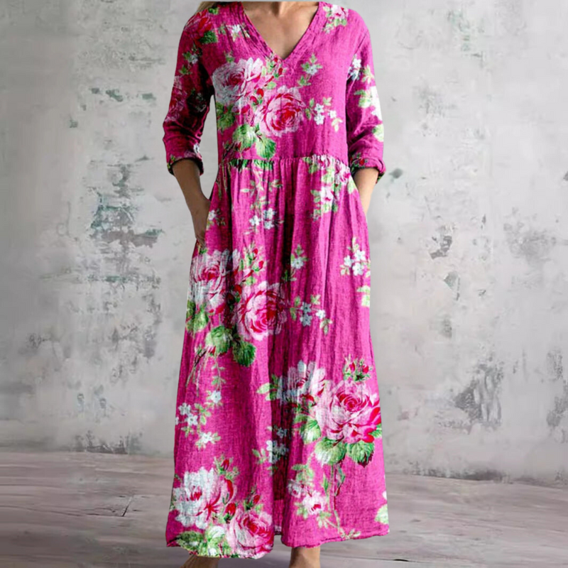 Allover Rose Floral V-Neck Long Sleeve Maxi Dress