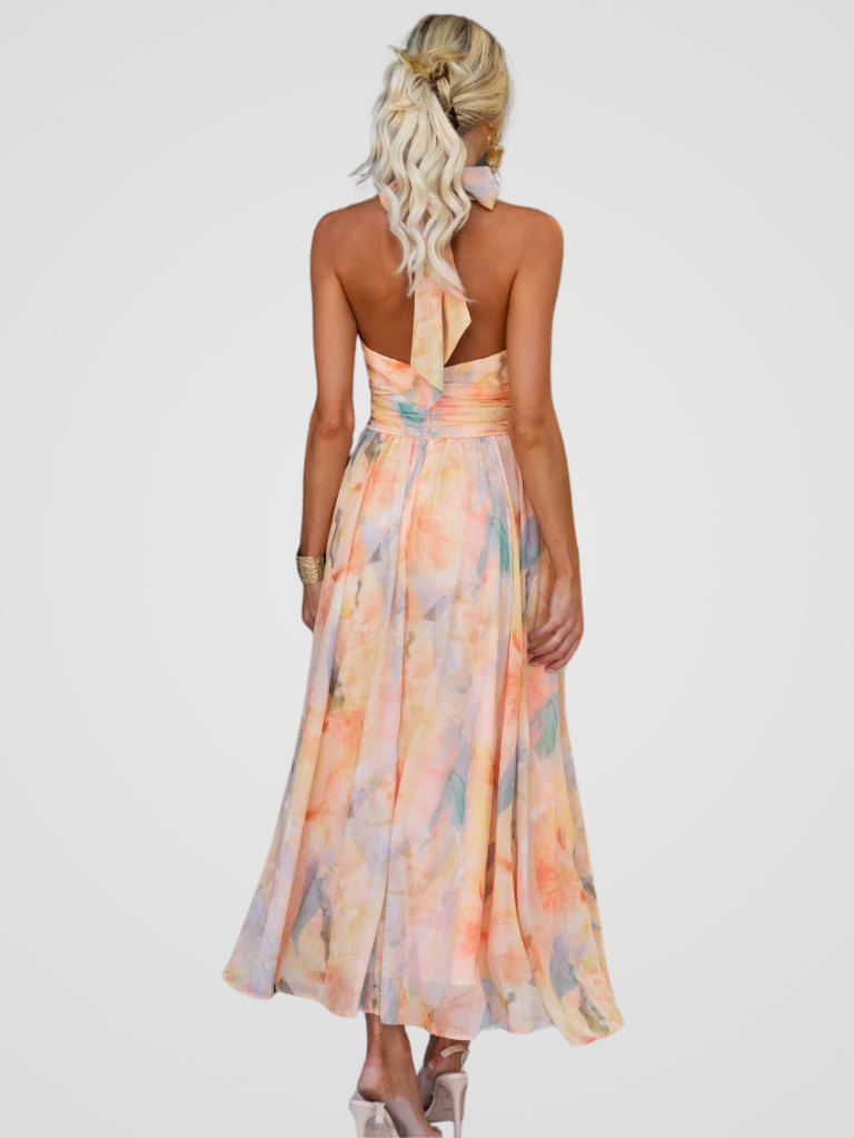 Watercolor Print Halter Neck Ruched Maxi Dress 3