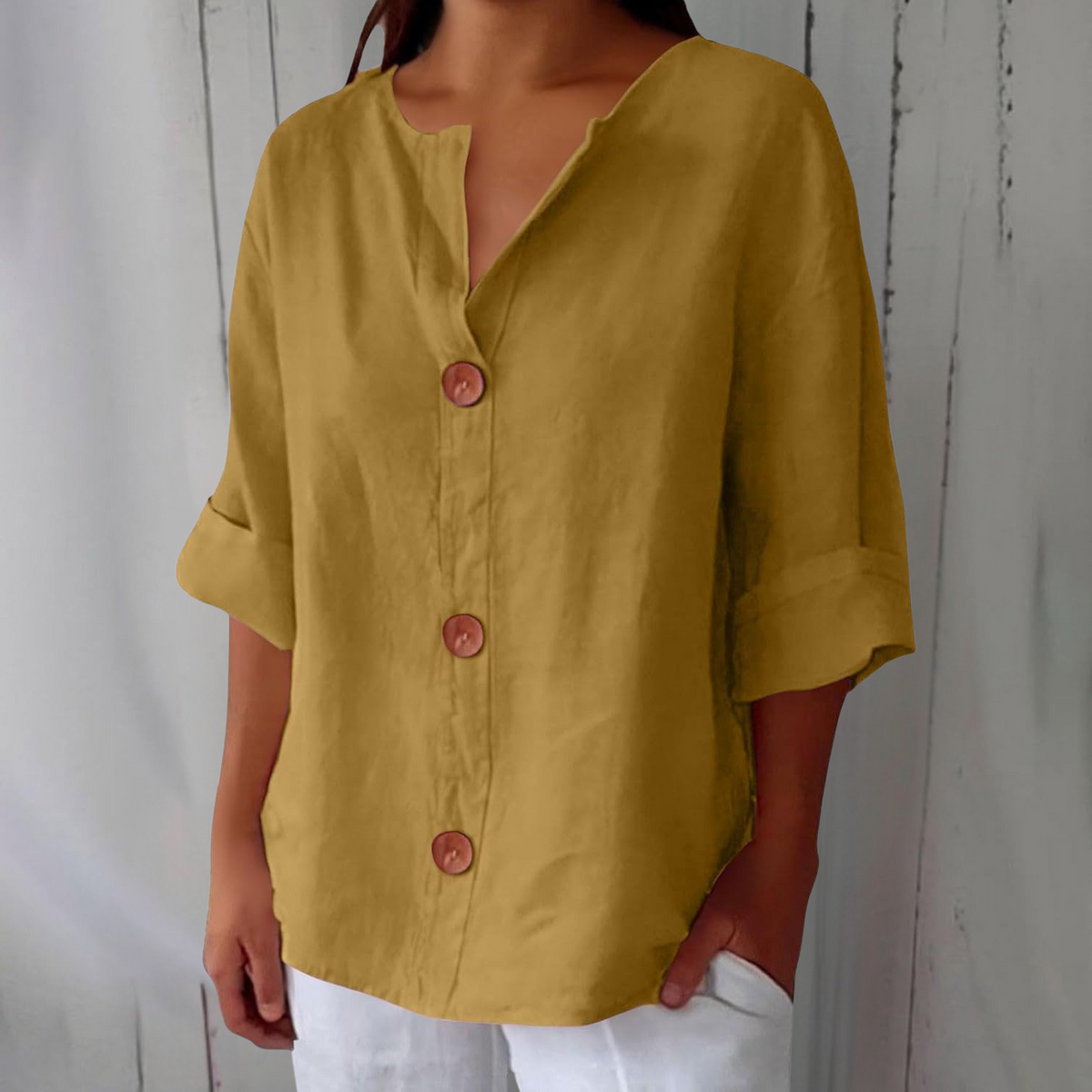 Split Neck Roll Sleeve Button Front Blouse 7