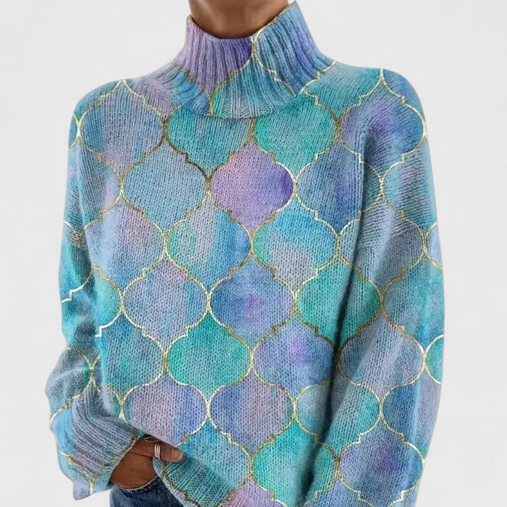 Turtleneck Moroccan Tile Print Long Sleeve Knit Sweater