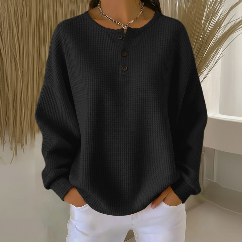 Waffle Knit Crew Neck Button Placket Long Sleeve Sweatshirt 4