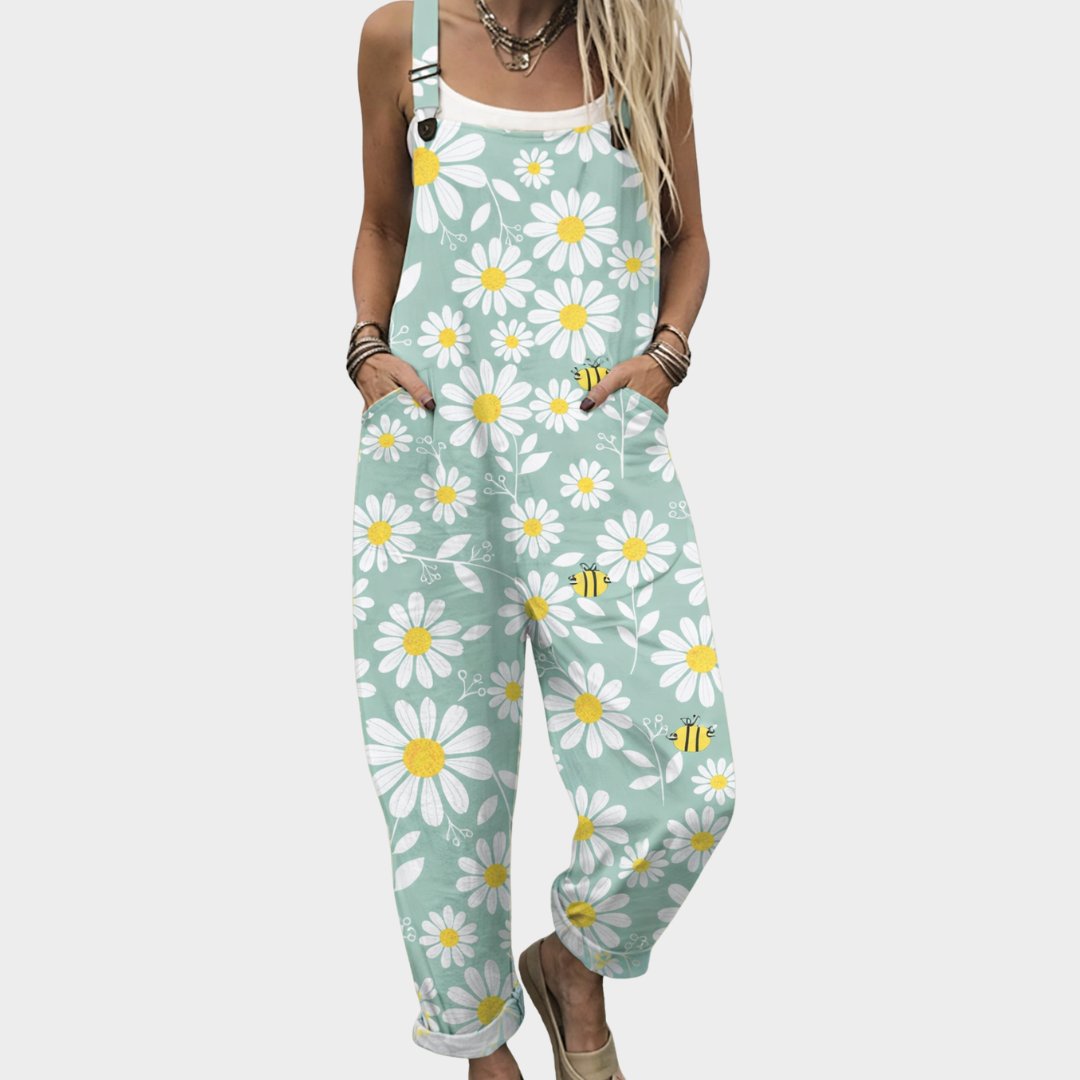 Daisy Floral Print Bib Pocket Overall Jumpsuit