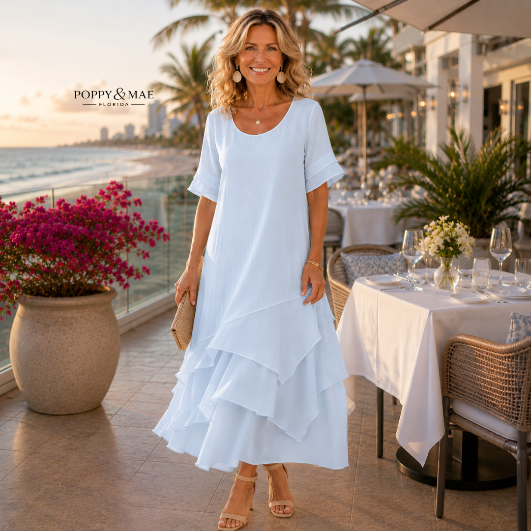 Round Neck Flutter Sleeve Tiered Ruffle Flowy Maxi Dress 2