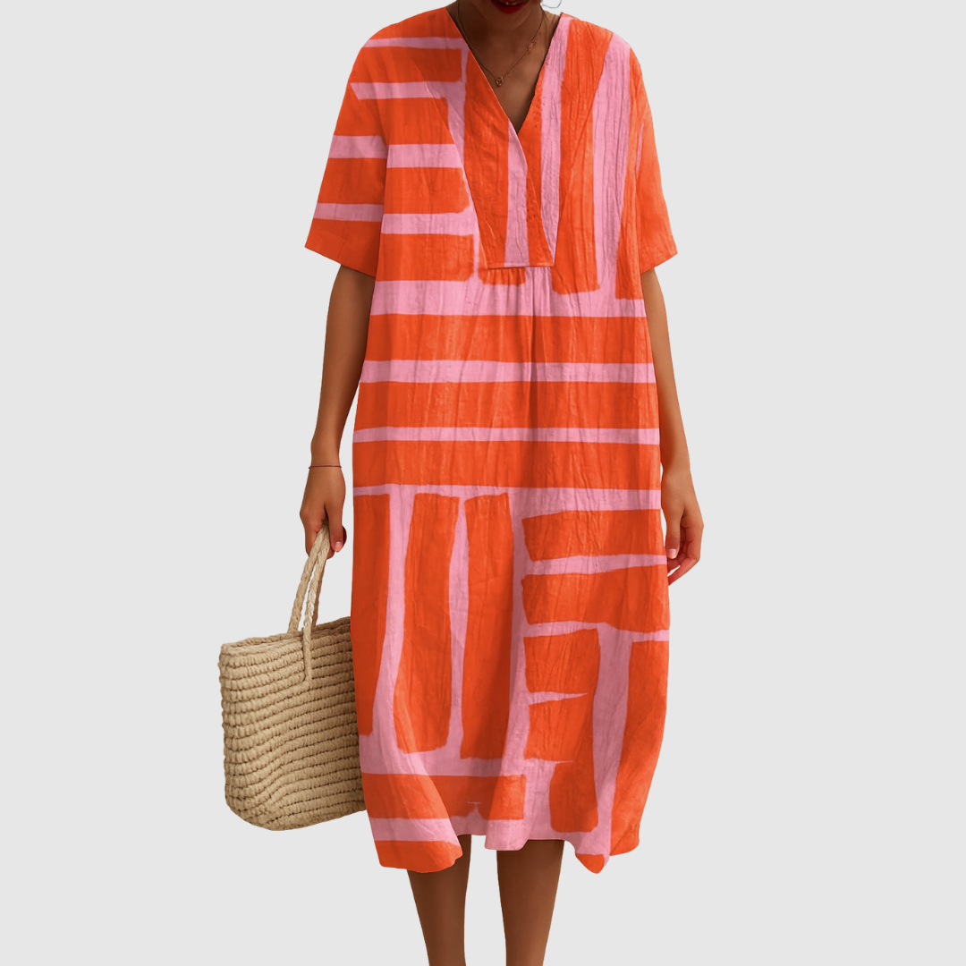 Abstract Stripe Print Split Neck Midi Dress 2