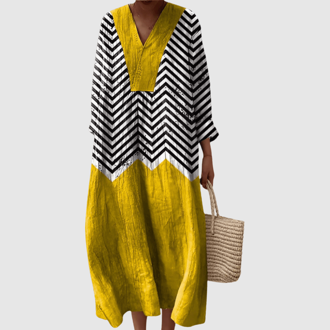 Chevron Stripe Colorblock V-Neck Long Sleeve Maxi Dress 2