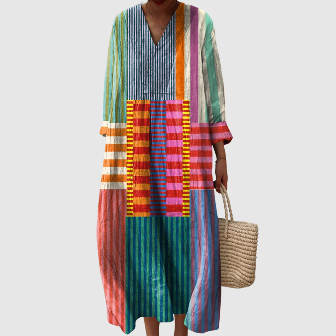 Striped Patchwork Print V-Neck Long Sleeve Maxi Dress 2