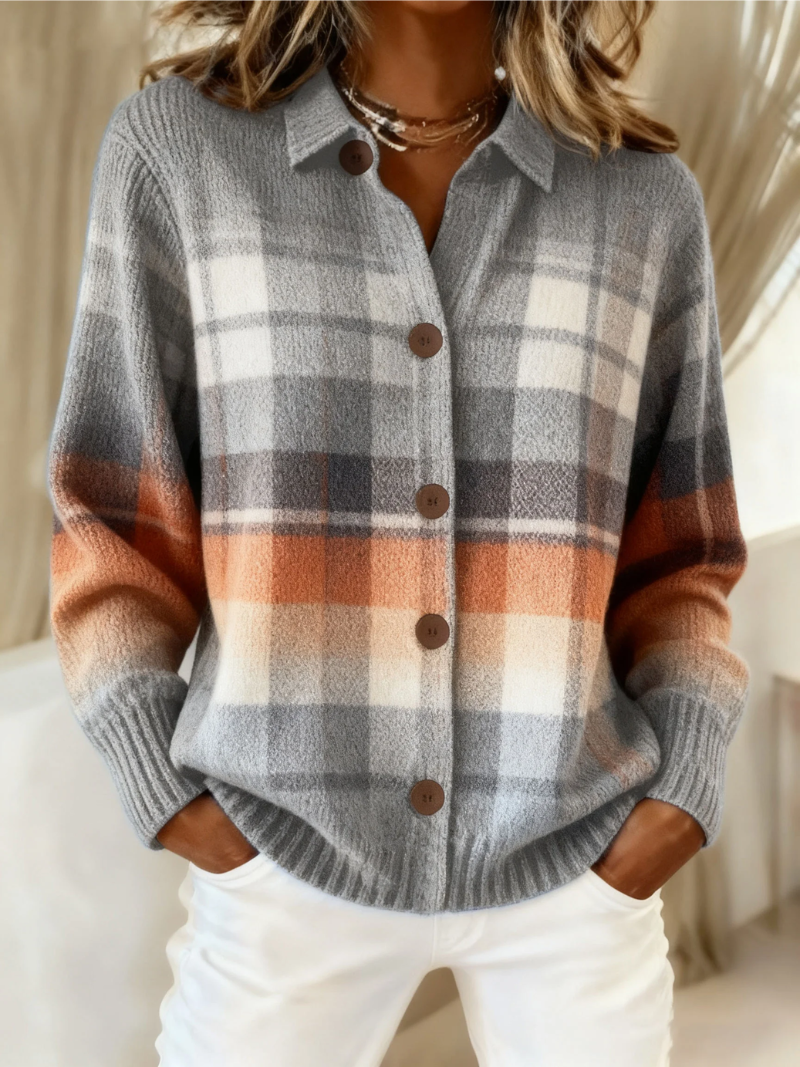 Plaid Collared Button Front Long Sleeve Knit Shirt Jacket