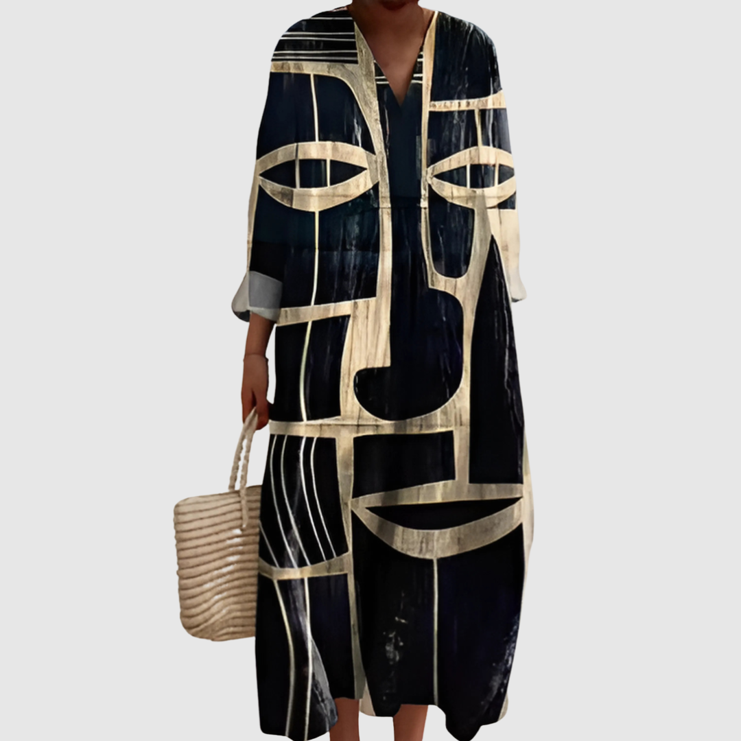 Abstract Face Print V-Neck Long Sleeve Maxi Dress 2