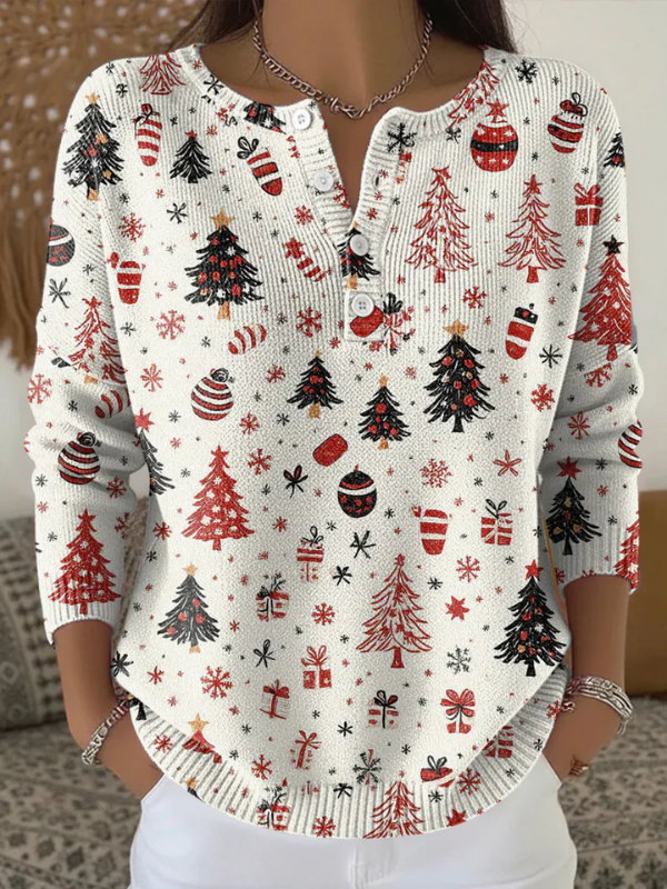 Christmas Tree Print Button Placket Long Sleeve Knit Top