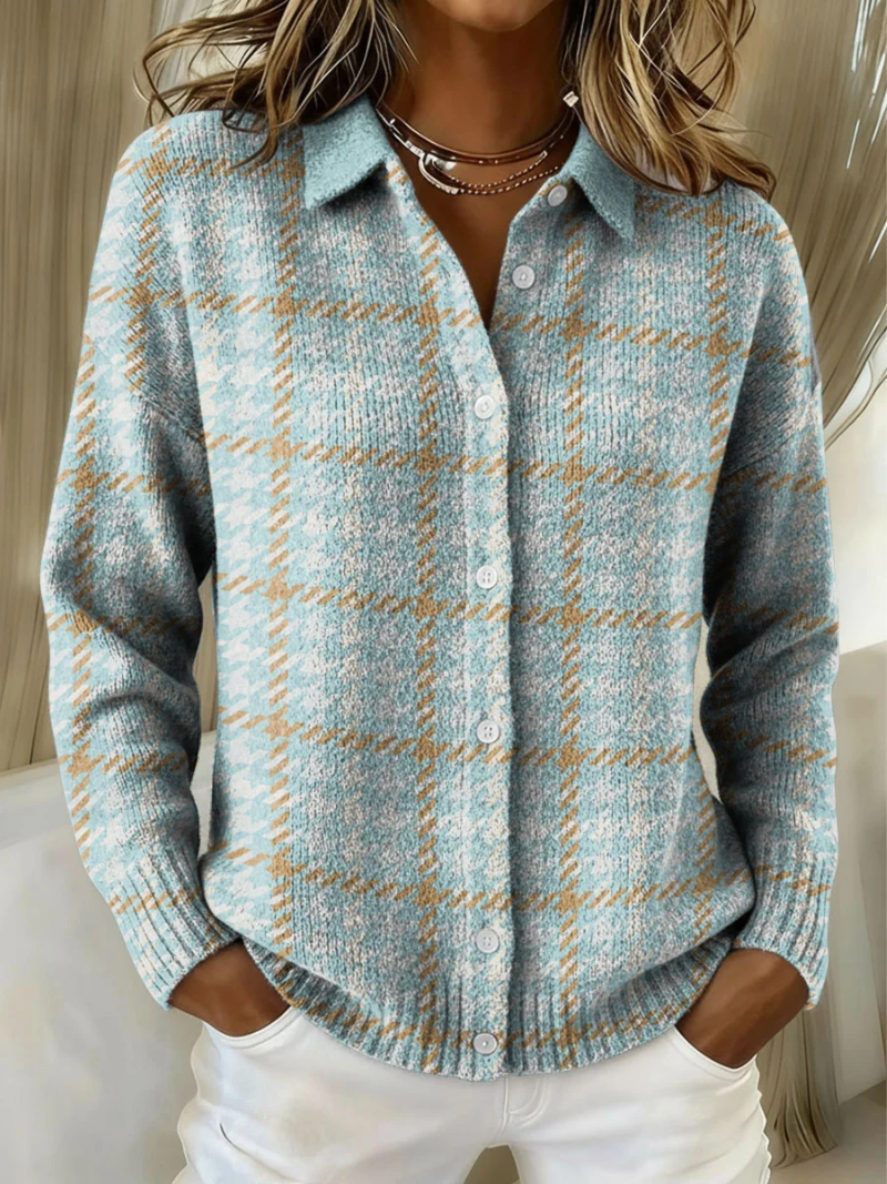 Plaid Collared Button Front Long Sleeve Knit Cardigan