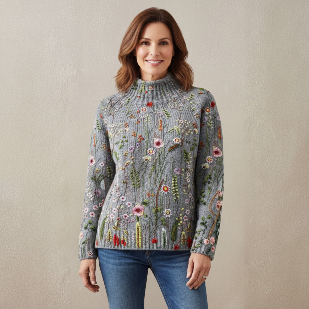 Floral Embroidered Turtleneck Knit Sweater