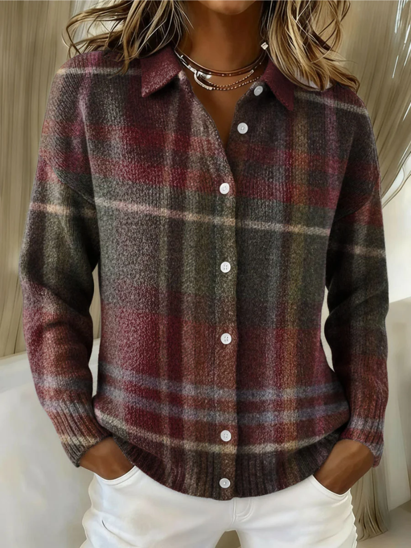 Plaid Collared Long Sleeve Button Front Knit Cardigan