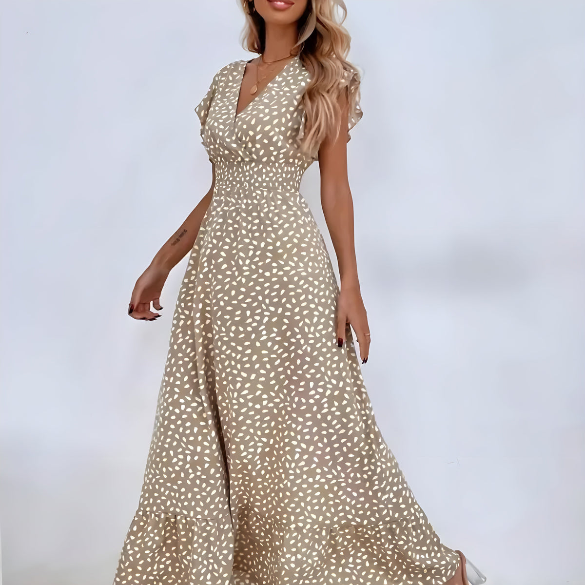 V-Neck Flutter Sleeve Smocked Waist Spotted Print Maxi Dress