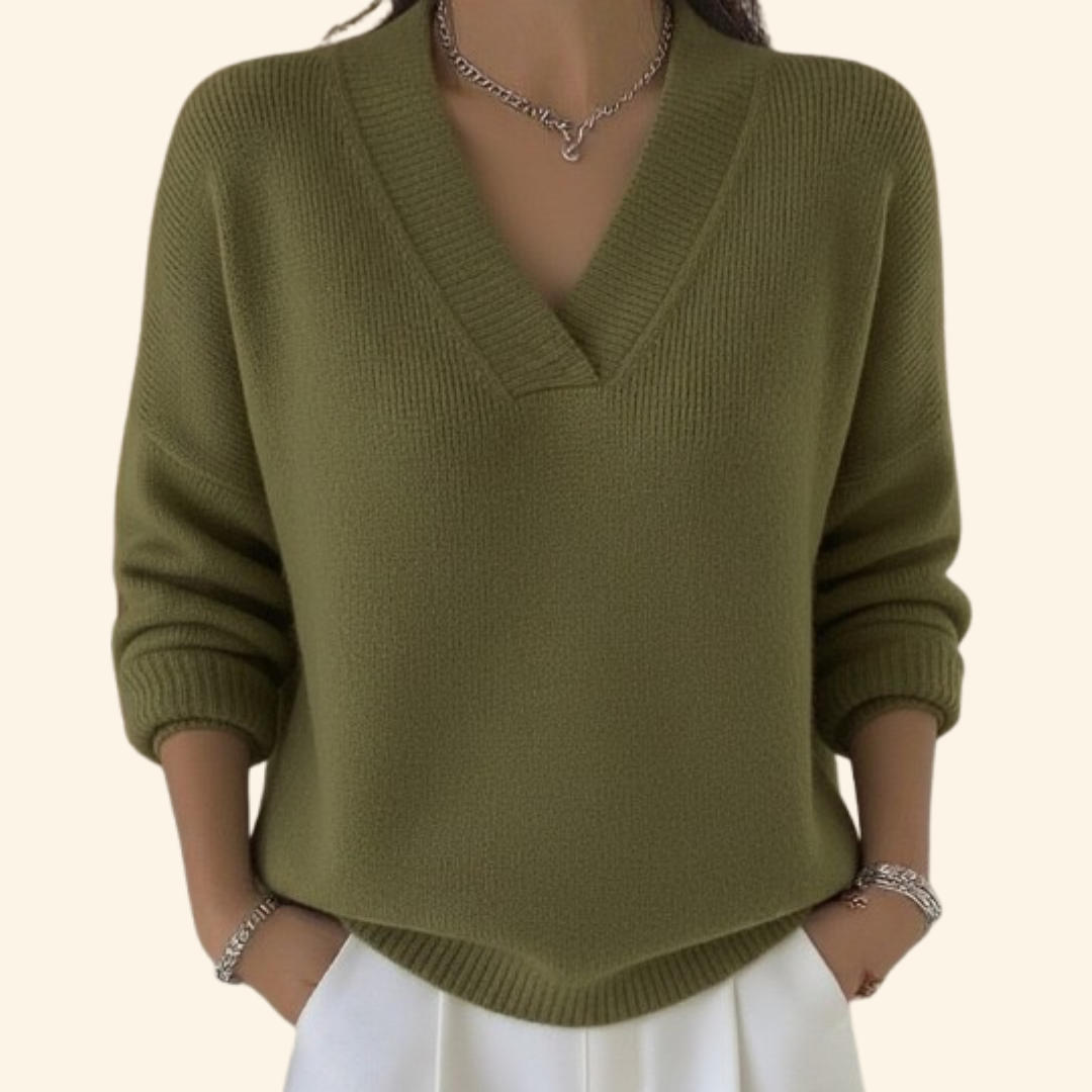V-Neck Long Sleeve Ribbed Trim Sweater 3