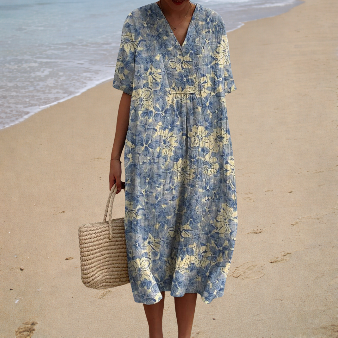 Batik Floral V-Neck Short Sleeve Loose Midi Dress