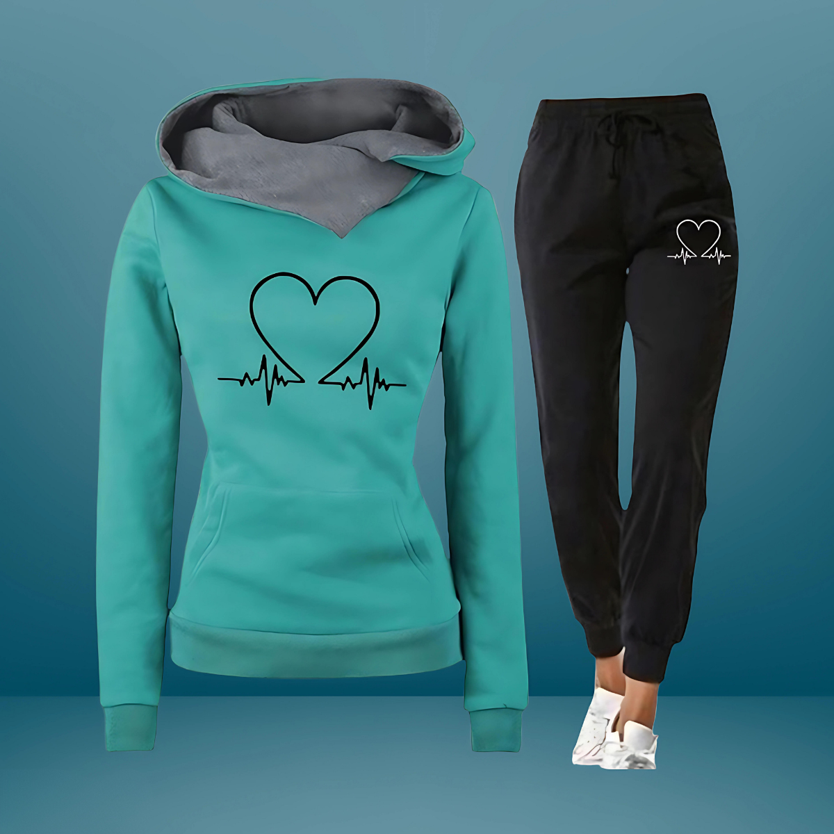 Heartbeat Print Hooded Sweatshirt and Joggers Two Piece Set 2