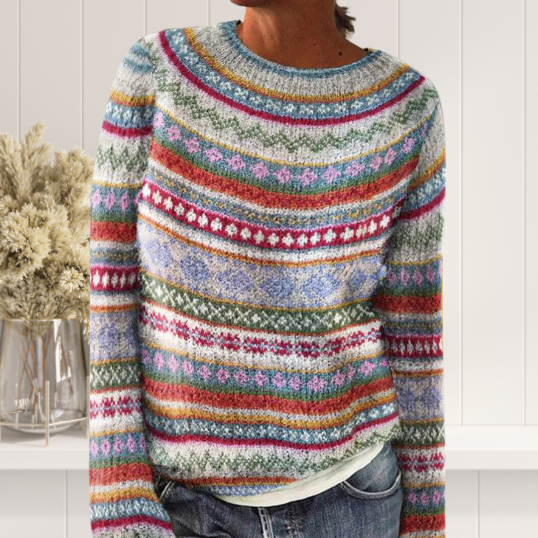 Crew Neck Long Sleeve Fair Isle Knit Sweater 2