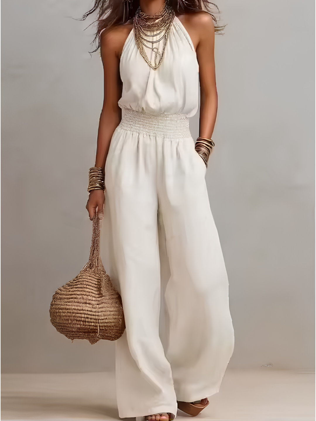 Halter Neck Smocked Waist Wide Leg Jumpsuit 2