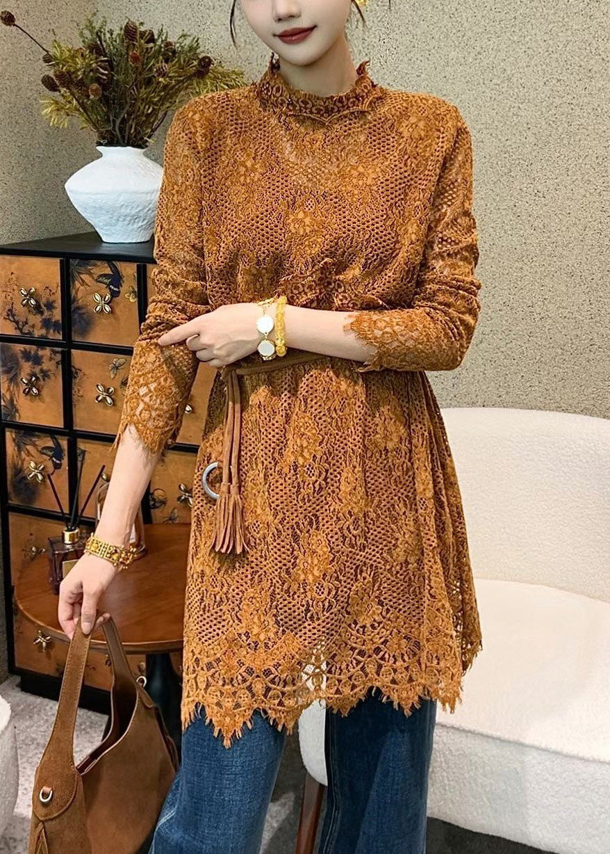 Orange Solid Tie Waist Lace Mini Dresses Hollow Out - View 2
